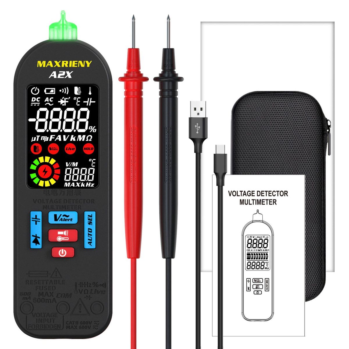 MAXRIENY Automatic Anti-Burn Intelligent Digital Multimeter Non Contact Voltage Detector Smart Voltmeter Resistance Frequency Continuity V-Alert Live Wire Voltage Tester with Carrying Case