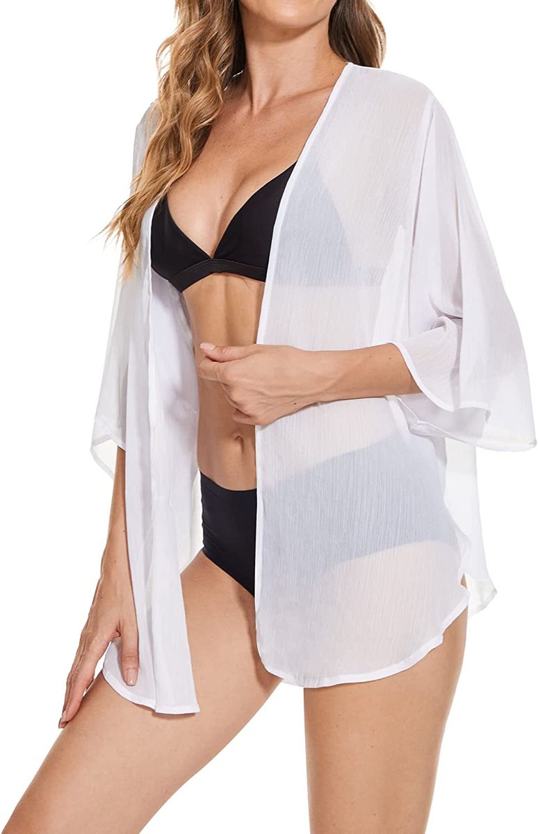 Off-White Chiffon Open Front Kimono Jacket Women Cover Up Swim Top Blouse Shirt