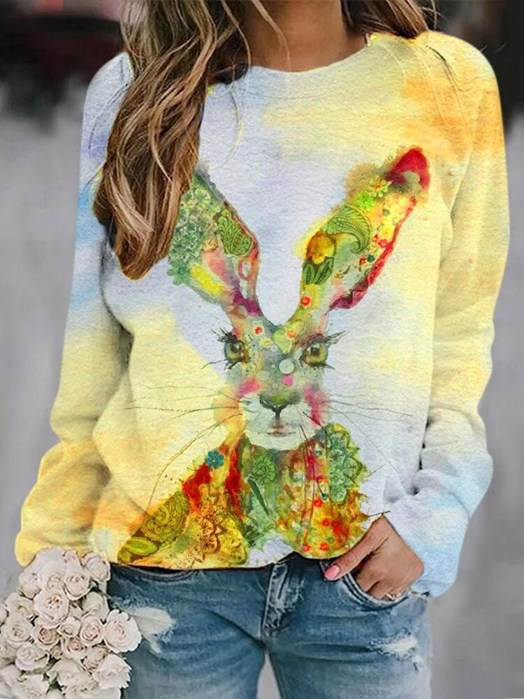 Women Rabbits Print O-neck Long Sleeve Casual Blouse