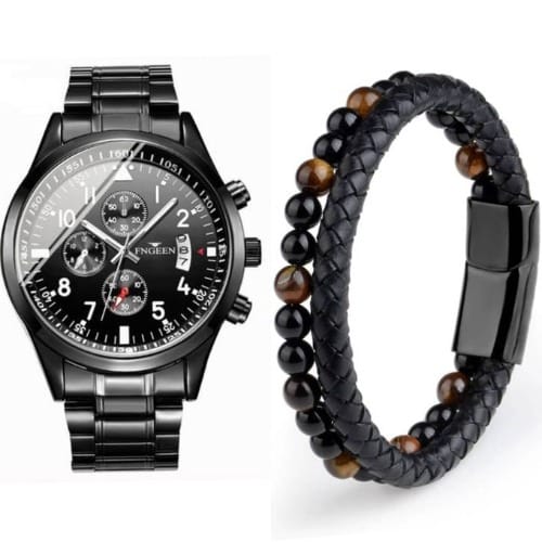 2 In 1 Full Steel Women Unisex Wrist Watch With Bracelet-black