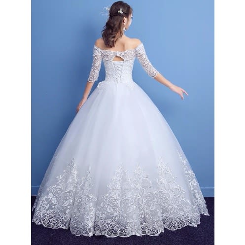 Half Sleeve Boat Neck Lace Wedding Dress - Off The Shoulder