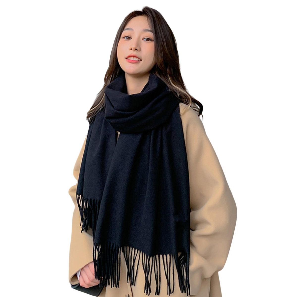 Shawl Wrap Plain Fringed Tassels Comfortable Soft-Black