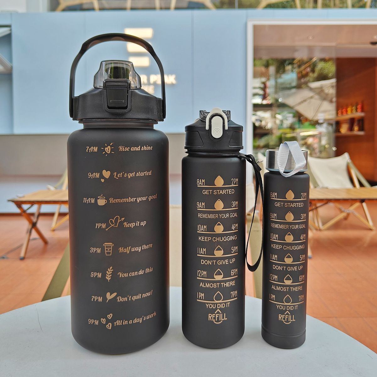 3 Pieces Water Bottle:300Ml, 900Ml & 2 Liter Time Marker