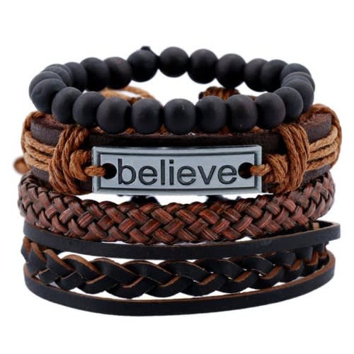 Men&rsquo;s Believe Leather Bracelet Wristband - Brown