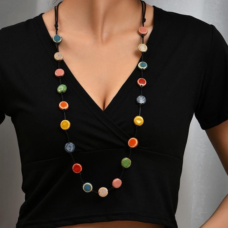 Vintage Colorful Ceramic Bead Long Necklace