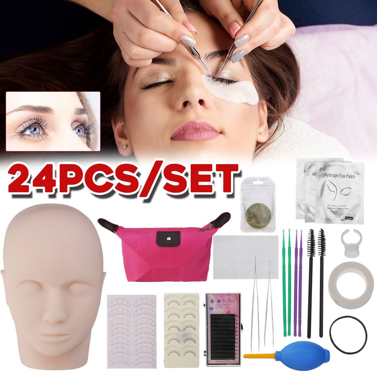 24pcs False Eyelash Eye Lashes Extension Grafting Beginners Practice Head Model