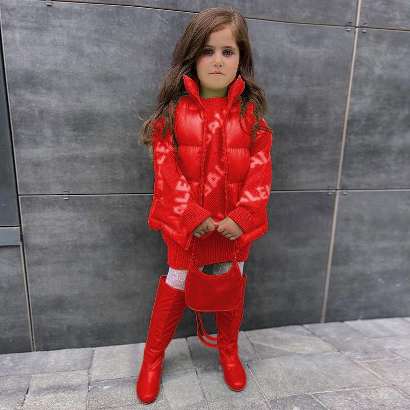 Girls' Down Vest Jacket Solid Color Warm Unisex Kids Outerwear-Red