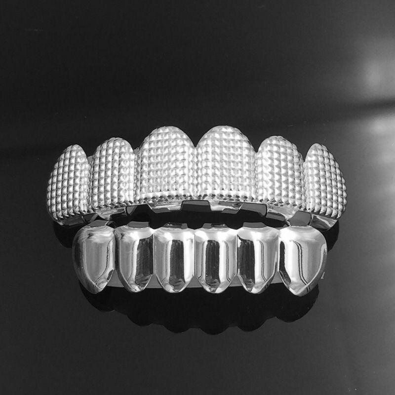 Big 9 Fold Teeth Grillz Square Pyramid Gold - Plated Hip - Tooth Accessory Factory Direct Sales Silvery