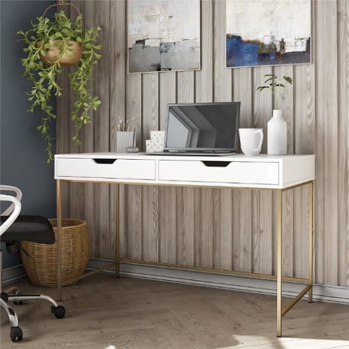 Computer Desk With 2 Drawers - White & Gold