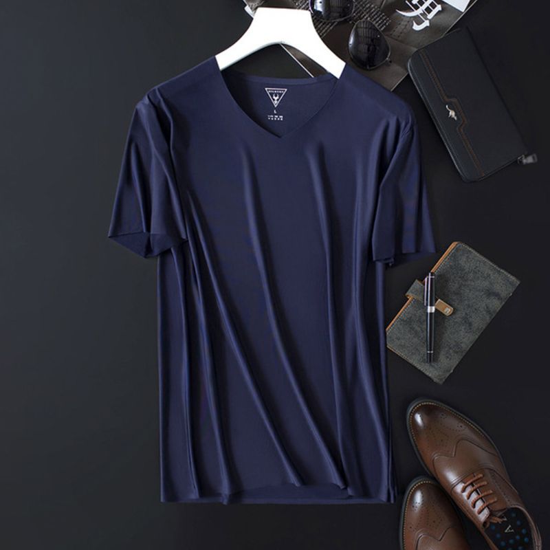 Men's Fashion Lce Silk Vest Solid Color Seamless Sleeveless Wide Shoulder Undershirt Breathable Elastic Sports Top Plus Size 5XL-V Neck Blue