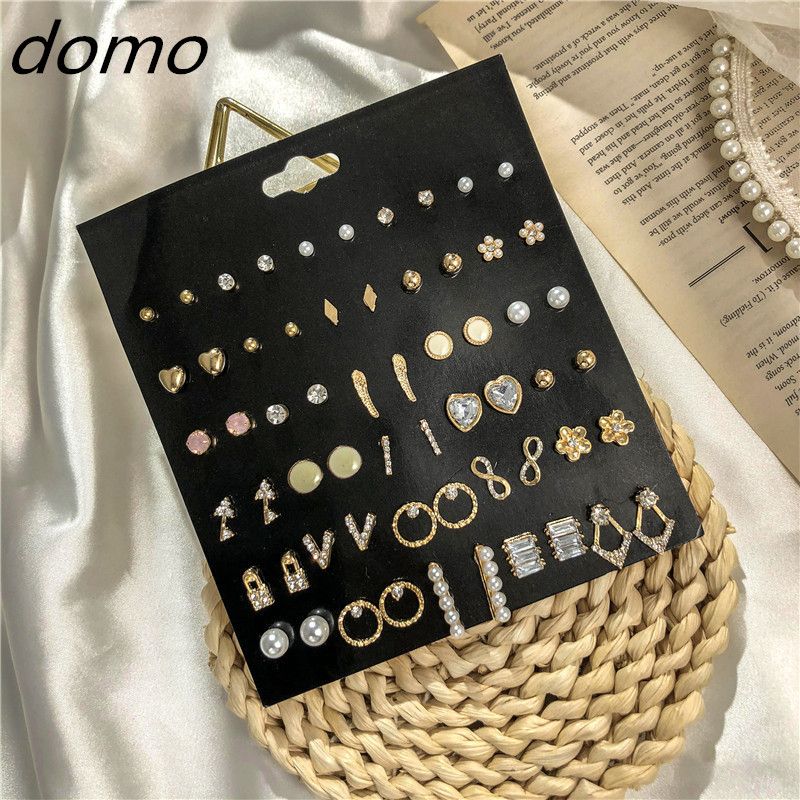 Ins Hot 30 Pairs Of DIY Flower Letter Diamond And Pearl Combination Earrings Set