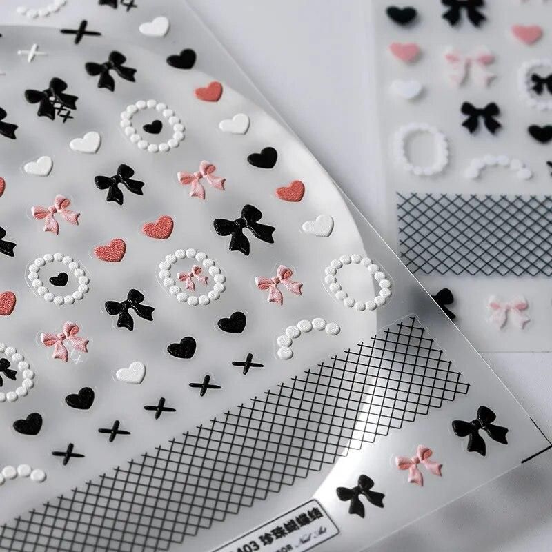 1 Sheet 5D Realistic Relief White Pearls Black Pink Bowknots Heart LatticeAdheisve Nail Art Stickers Decals Manicure Ornaments
