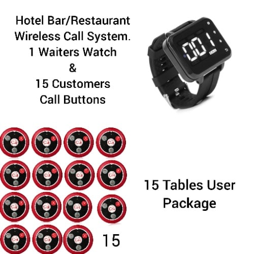 Hotel Restaurant & Bar Waiters & Customers Service Wireless Call System 15 Buttons/1 Watch