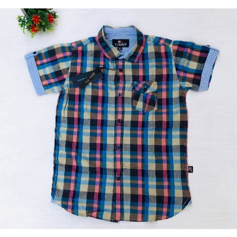 Plaid Boys Short Sleeve Button Down Shirt -Blue Pink Stripe