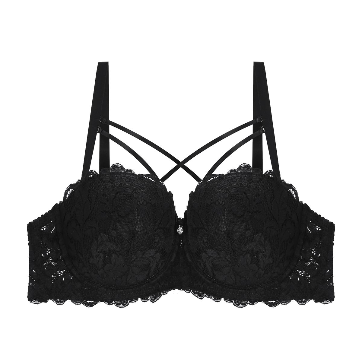 Half Cup Floral Lace Front Cross Line Bra For Women