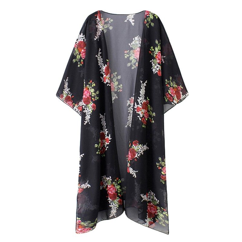 Sexy Women Chiffon Cardigan Floral Print Asymmetric Boho