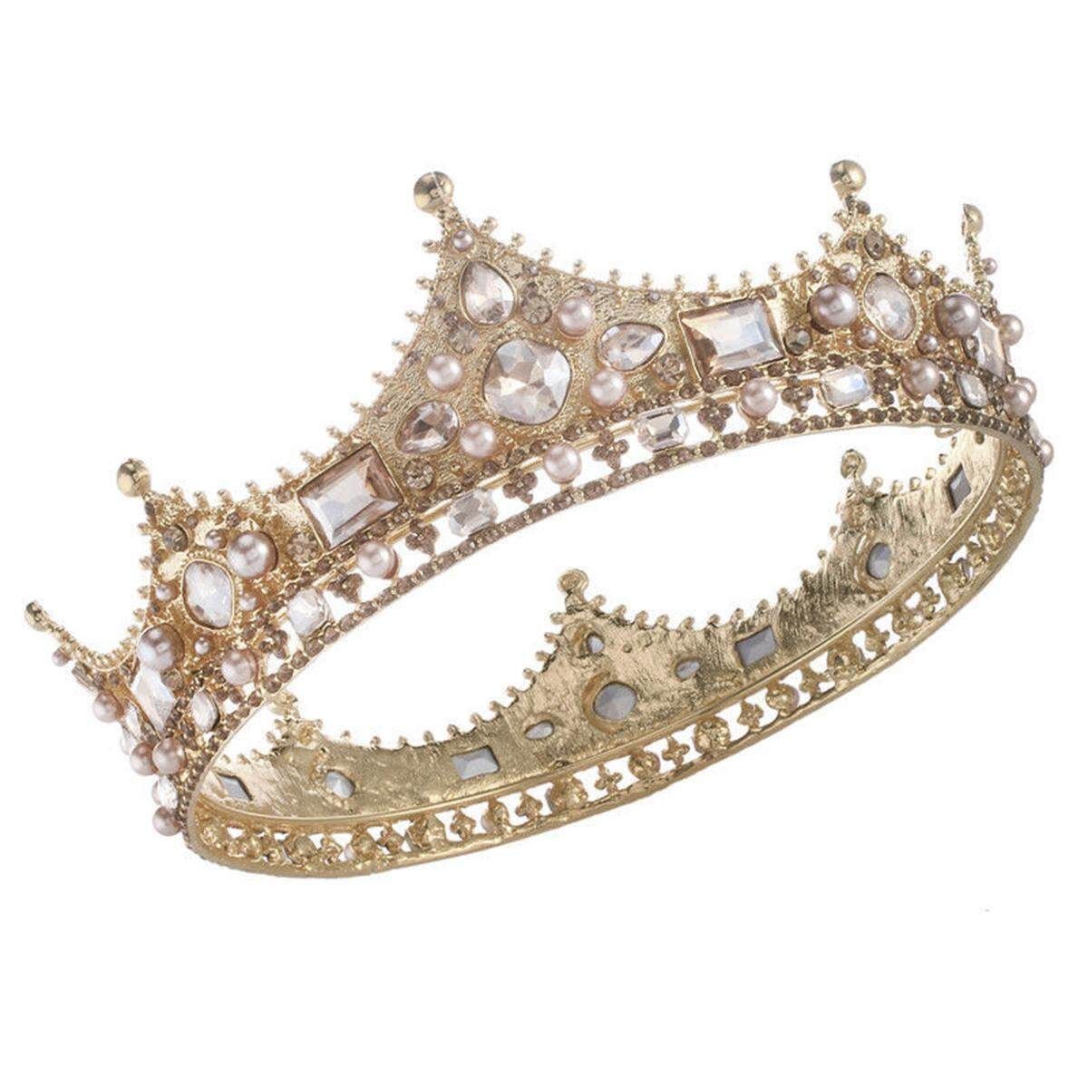 Vintage Multi Pearls Crystal Crown Prom King Rhinestone Royal Tiara Headband