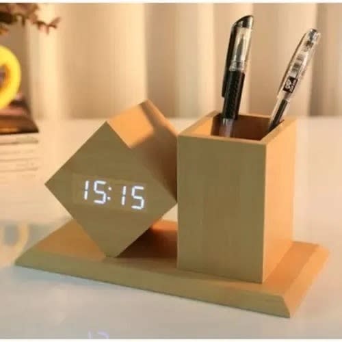 Wooden Led Digital Time Display Alarm Clock With Pen Holder