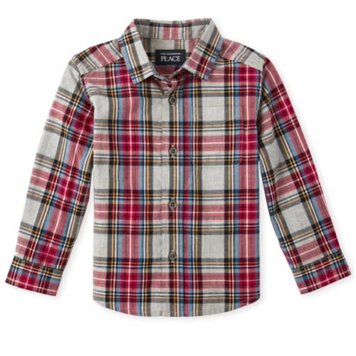 Boy's Plaid Chekered Box Longsleeve Shirt- Grey And Red