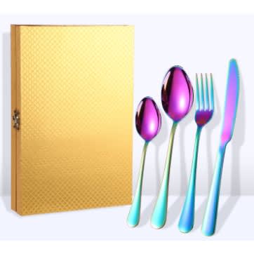 Tableware -410 Stainless Steel- 12 pcs Set- Wooden Gold Gift Box - Colourful
