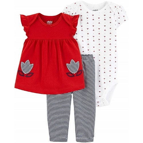 Flower Bud Short Sleeve Top, Bodysuit, And Matching Pants Outfit Set, 3 Pc Set - Red