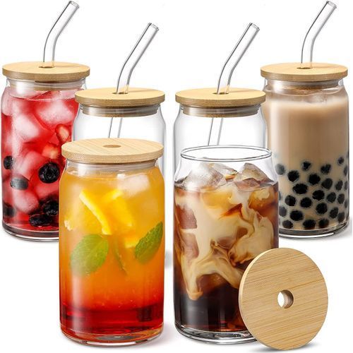 [ 6pcs Set ] Glass Cups With Bamboo Lids And Straw - Beer