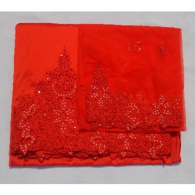 Bright Red Embroidered and Beaded Indian Lace George with Blouse - 7 Yards