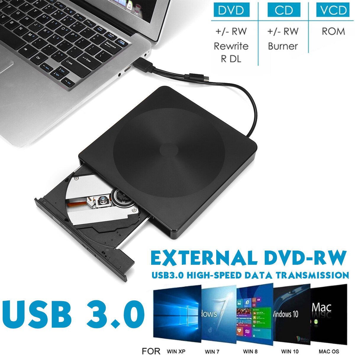 USB3.0 High Speed External CD DVD Drive 4K 3D Player Writer Portable BD/CD/DVD Driver Data Transfer For Laptop/Desktops Win 7/8.1/10 And Linux OS