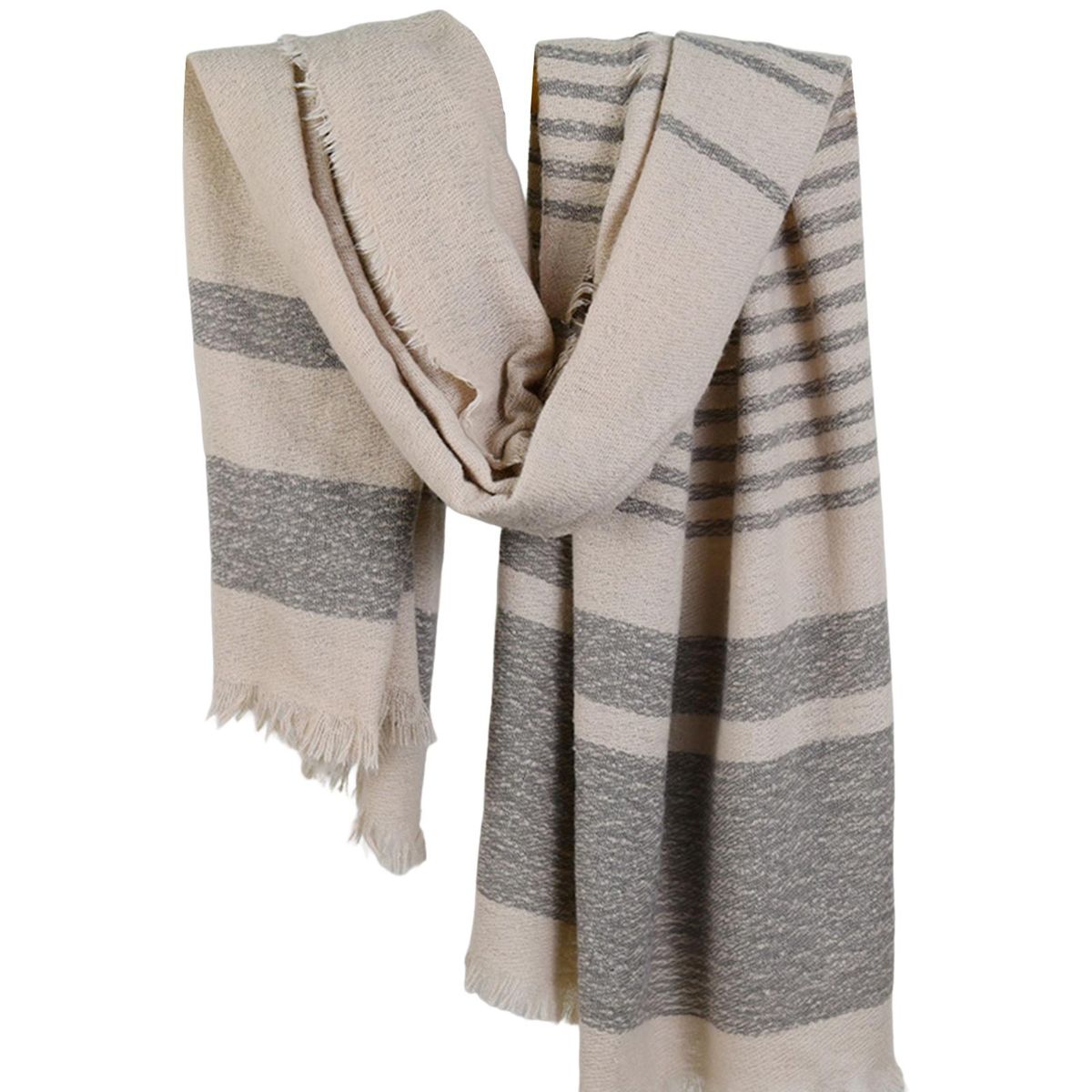 Shawl Wrap Fringed Tassels Striped Soft-Gray & White