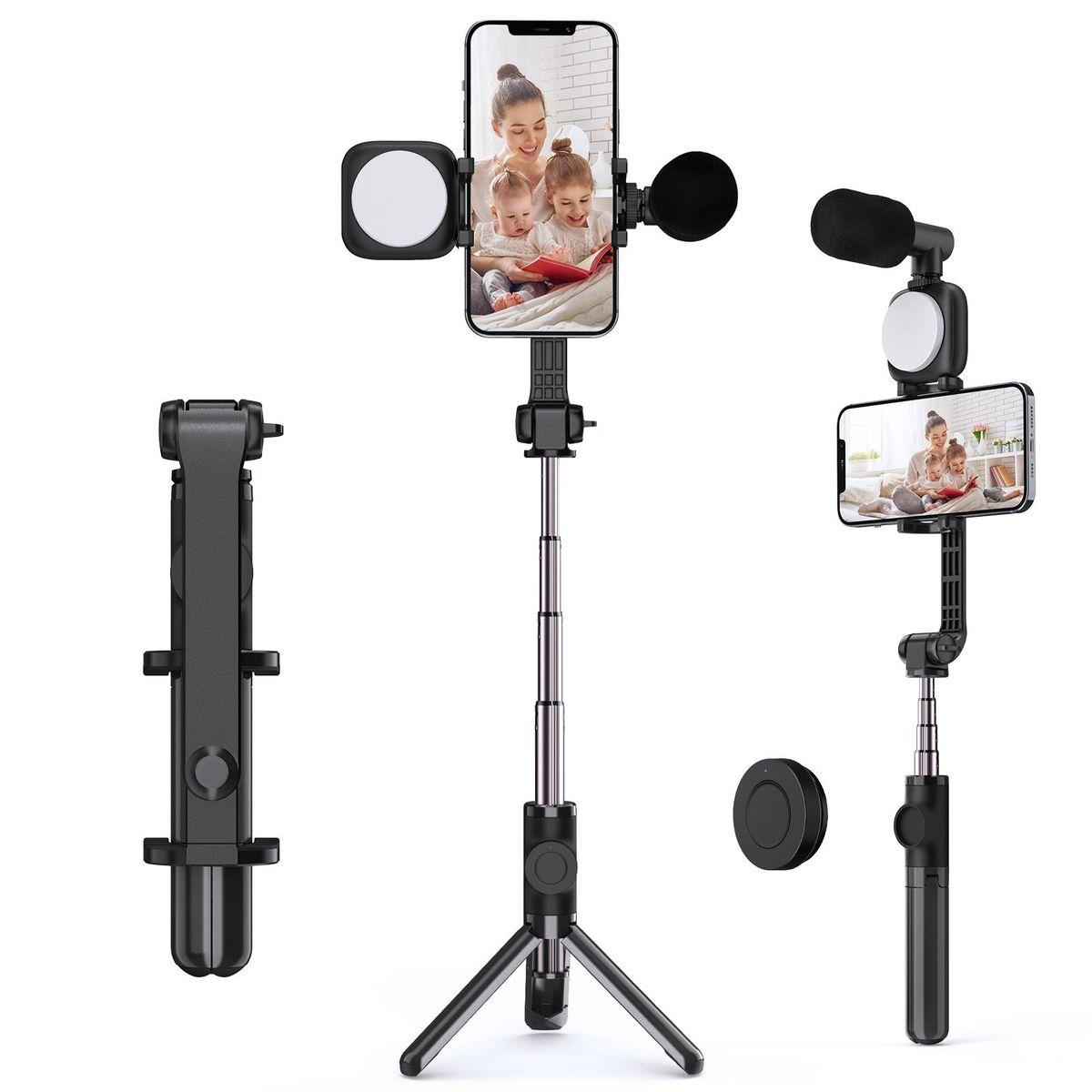 Andoer F3 Smartphone Video Kit Phone Video Rig with Rechargeable LED Video Light + Mini Microphone + Stretchable Selfie Stick Tripod with Phone Holder Remote Shutter for Phone Vlog Video Recording Live Streaming