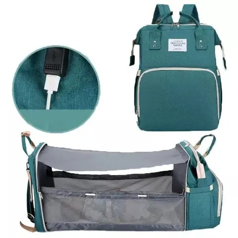 Foldable Diaper Bag With Convertible Crib Space - Green