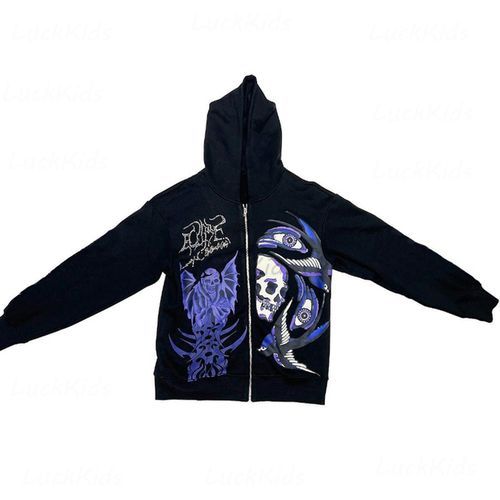 Men's Rhinestone Skull Purple Print Streetwear Oversized Hoodie Men's Jacket Jacket Goth Harajuku Y2k Clothes Grunge Zip Hoodie(#Hei)