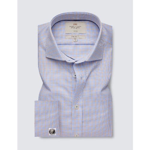 Men's Non Iron Multi Check Slim Fit Shirt - Double Cuffs - Blue & Yellow