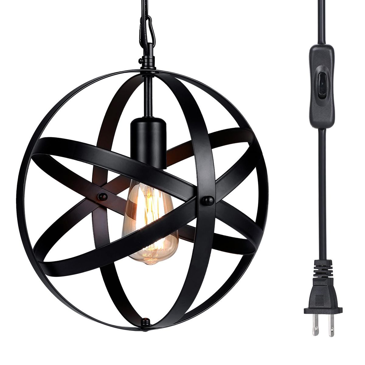Tomshing Industrial Plug-in Globe Pendant Light E26 Base Vintage Spherical Hanging Lights Lantern 14.76ft Power Cable and ON/Off Switch for Living Room Kitchen Restaurant (without bulb)