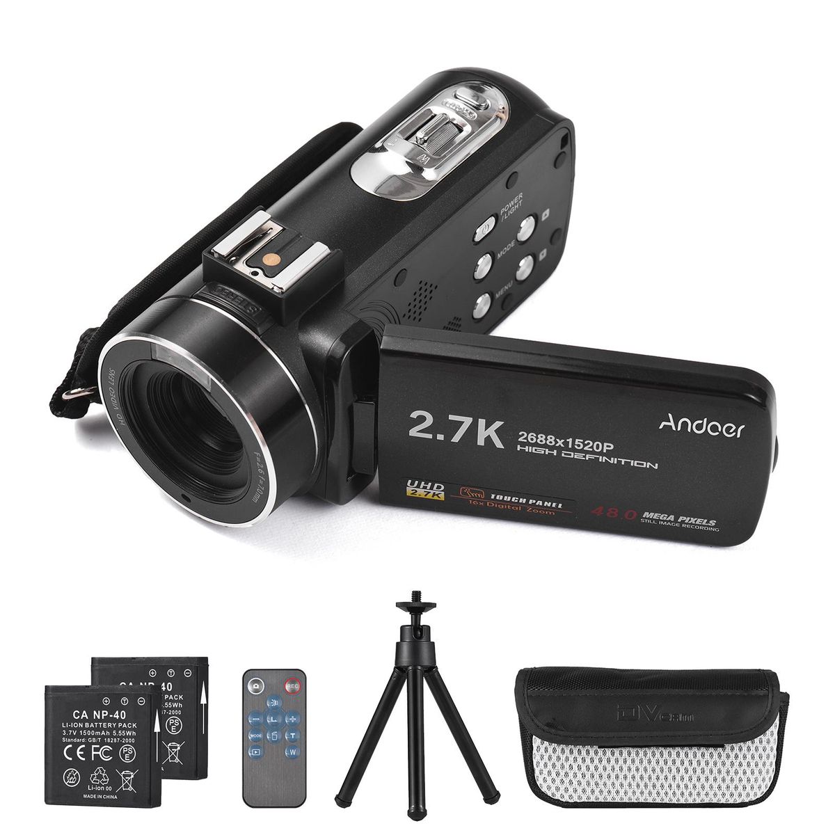 Andoer 2.7K Digital Video Camera Camcorder DV Recorder 48MP 16X Digital Zoom 3.0 Inch IPS Touch Panel Supports Face Detection Beauty Face Smile Capture Anti-shake with 2pcs Batteries + Remote Control + Mini Tripod + Carry Bag