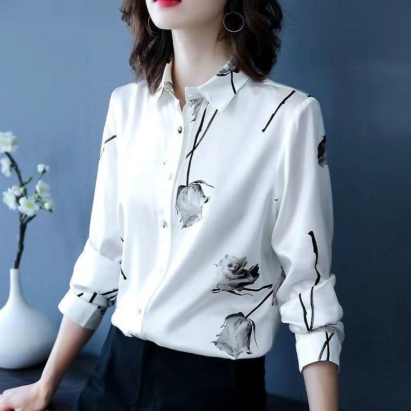 2023 Spring and Autumn New Women's Shirt Long-Sleeved High-End Chiffon Shirt Rose Print Fashionable Stylish plus Size Top for Women