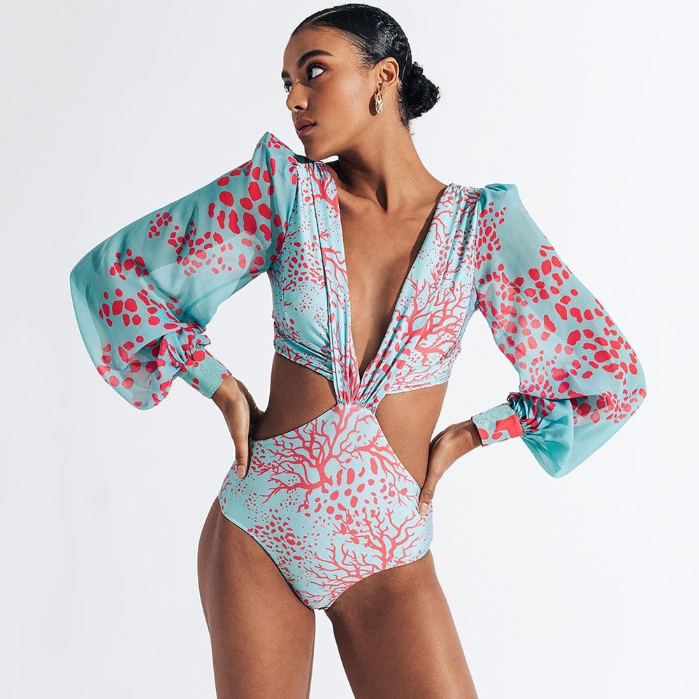 Sexy Printed Long Sleeve Swimwear Women One Piece Swimsuit Female Bathing Suits Summer Beach Wear Swim Ladies Monokini Blue