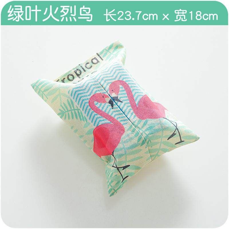 Family Nordic Plant Tampon Hemp Tissue Box Living Room Bedroom Tissue Cover Rainforest Cloth Art Suction Bag Green Leaf Flamingo {23.7 * 18cm}