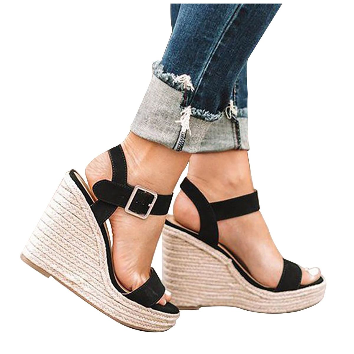 Sandalias Mujer Casual Plus Size Outdoor Beach Slippers Ladies Sandals Buckle Belt Open Toe Slope Heel Weaving Sandals