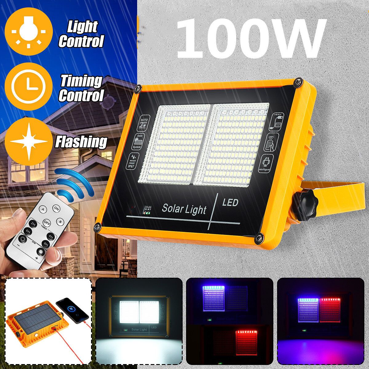 100W Solar LED Floodlight Light Waterproof IP67 Folding Light Control, Remote Control ,Phone Charging Emergency Lamp Flashlight Outdoor Camping