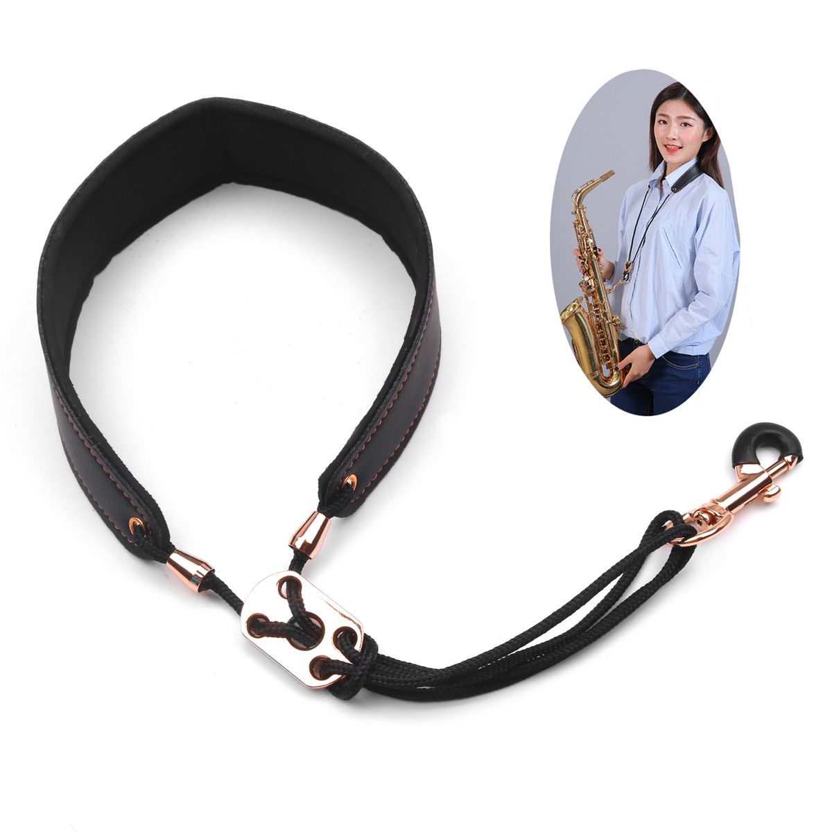 Adjustable Saxophone Neck Strap Leather Sax Strap Metal