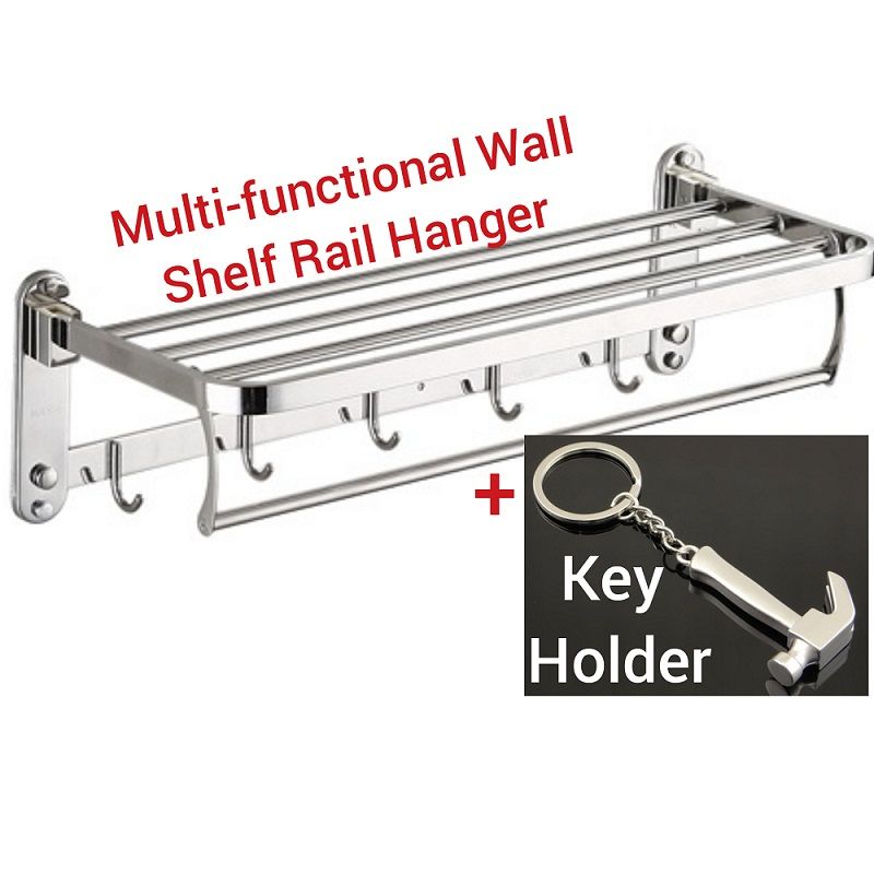 Aluminium Anti-Rust Anti-Tarnish Bathroom Towel Hanger With Double Rail Shelf Rack + Free Key Holder