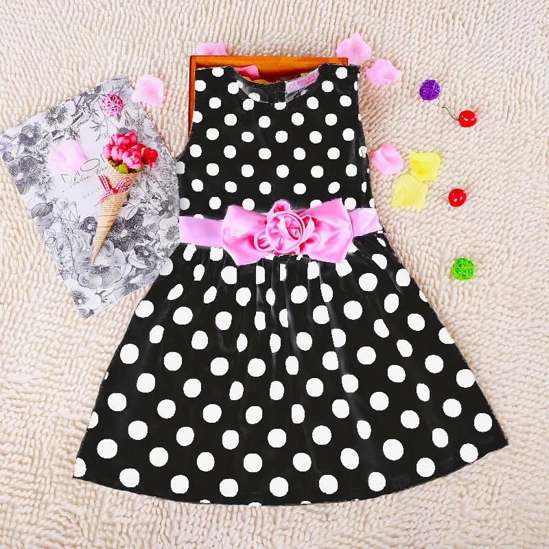 Korean Summer Baby Children Sleeveless Dot Flower Belt Girls Dress-Black