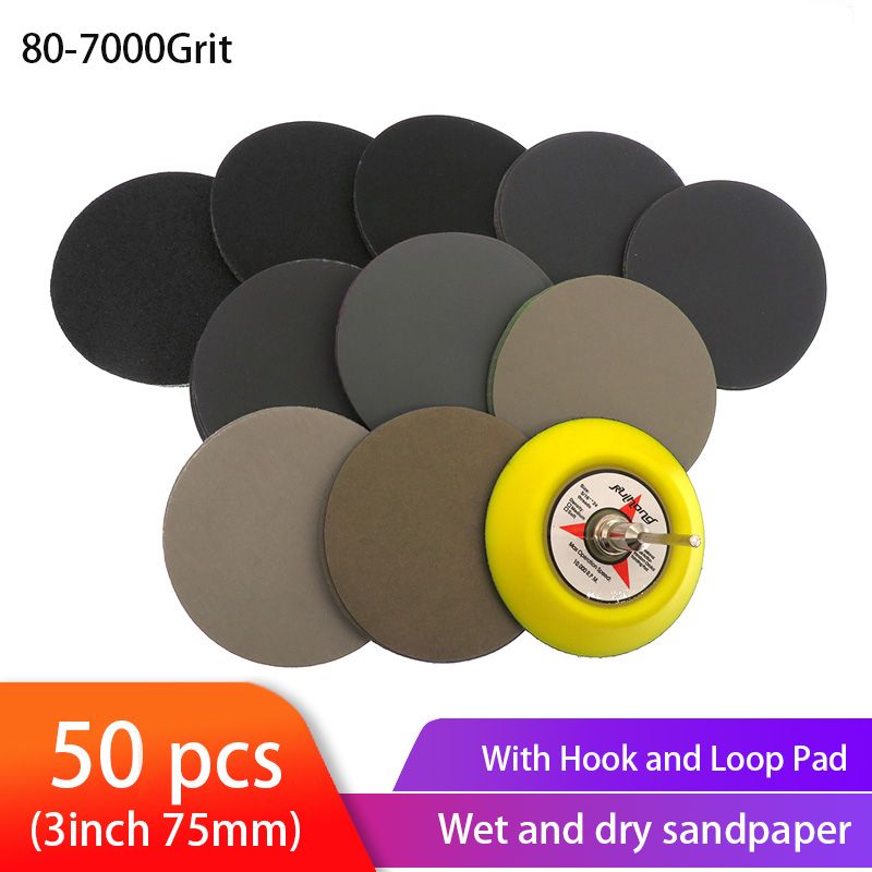 50pcs Wet Dry Sandpaper Assortment 80-7000 Grit Sander Disc 3inch75mm With Hook And Loop Sanding Pad