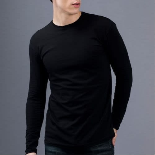 Plain Round Neck Long Sleeve Polo - Black