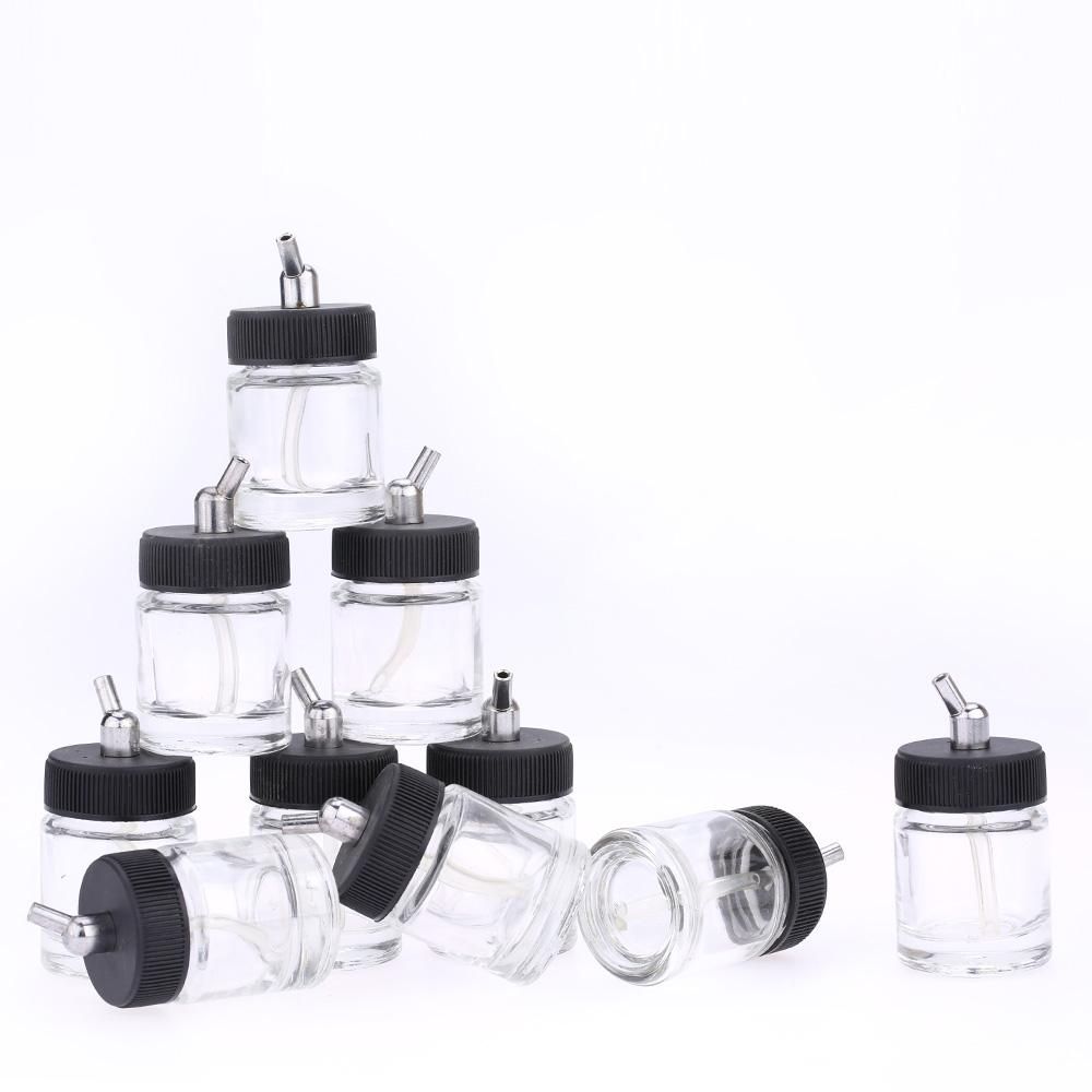 10PCS Airbrush Glass Bottles Air Brush Bottle (Jars) with 30&deg; Angle Adapter Lid Assembly Using on Dual-Action Airbrushes