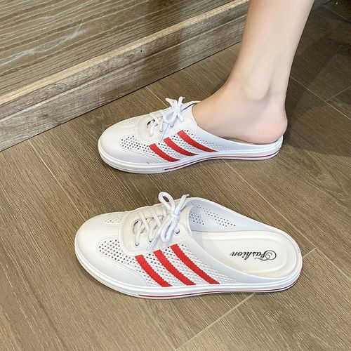 Women's Baotou Half-Drag Sandals And Slippers Black White White Red Edge