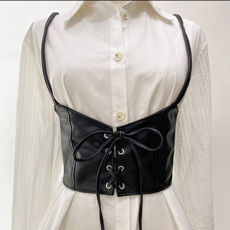 Gothic PU Leather Spy Corset Women Lace Up Crop Top Punk Style Sling-Black-F195