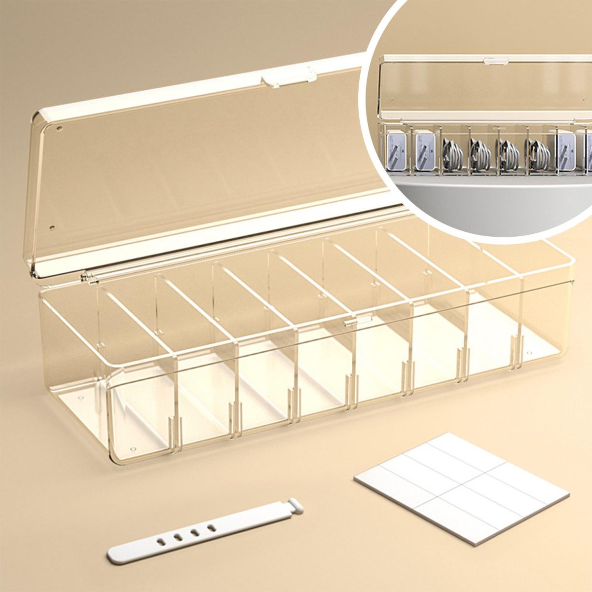 Desktop Cable Storage Box Compartments Holder Multifunction For Clear