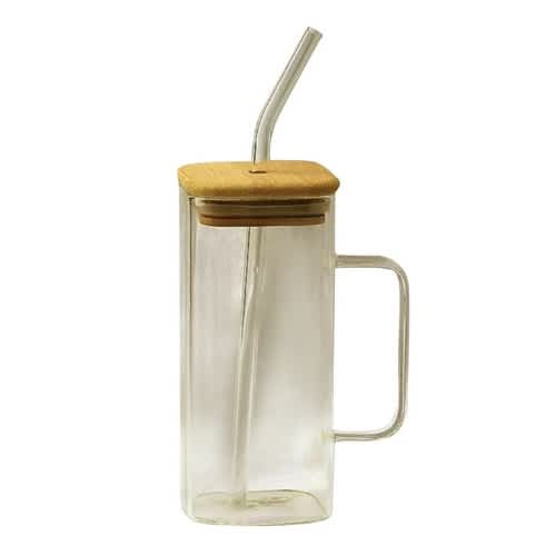 Transparent Glass Cup With Bamboo Lid And Straw - 400ml